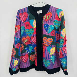 Vintage Y2K Silkscapes Jacket Handpainted Hearts 100% Cotton Colorful Dopamine